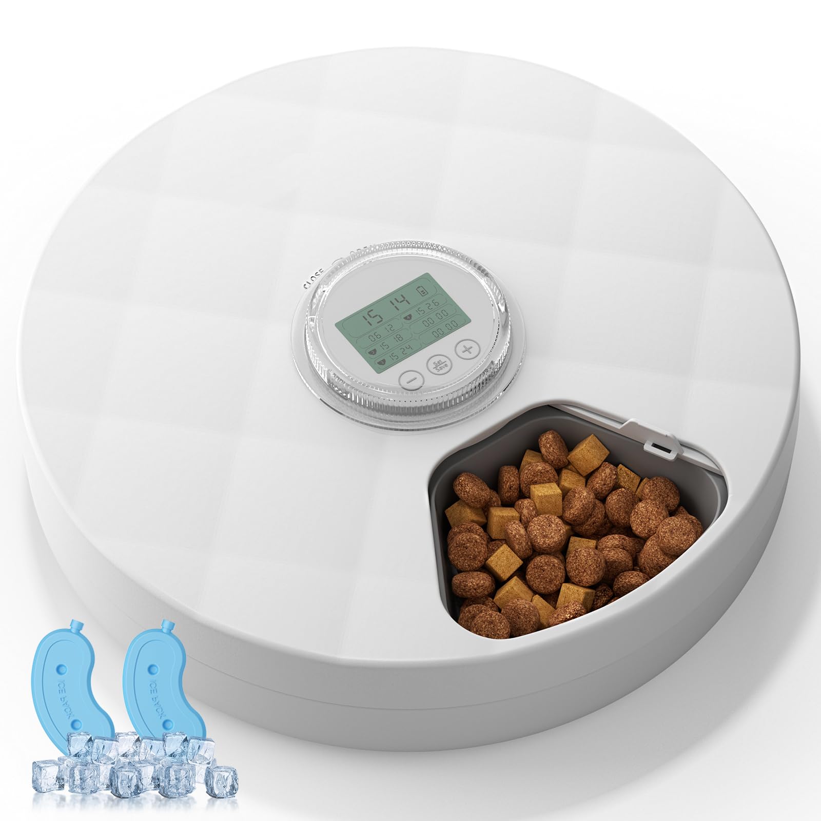 The Fellie Automatic Wet Food Cat Feeder, 6-Meal Timed Dispenser with 2 Ice Packs, Wireless Battery-Powered Auto Feeder for Wet & Dry Food, Suitable for Cats & Small Dogs