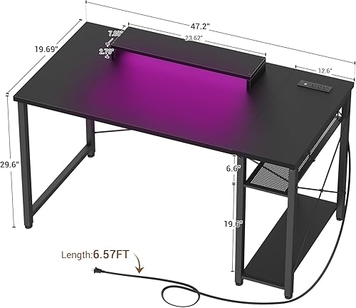 Miniatura 3 de armocity 47 Escritorio para computadora de juegos con luces LED, toma de corriente y USB, mesa reversible para laptop con soporte de monitor móvil