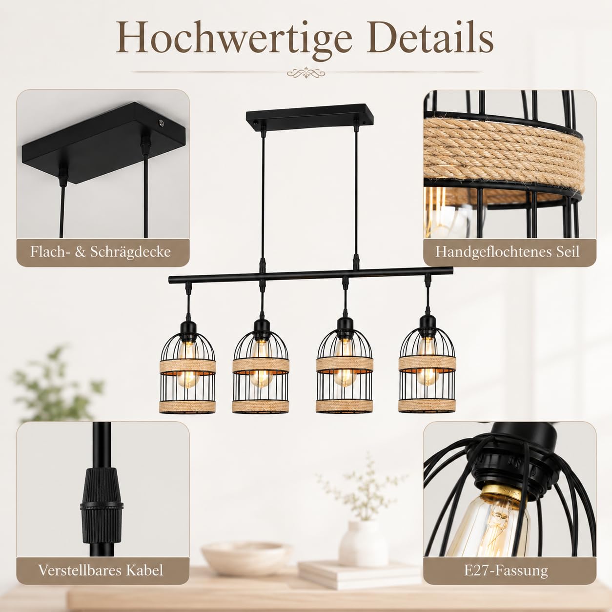 Pendelleuchte Esstisch Rattan Hängelampe 4-Flammig inkl. LED, Vintage Hängeleuchte Schwarz Höhenverstellbar für Esszimmer Kücheninsel Wohnzimmer, Boho Esstischlampe Kronleuchter E27