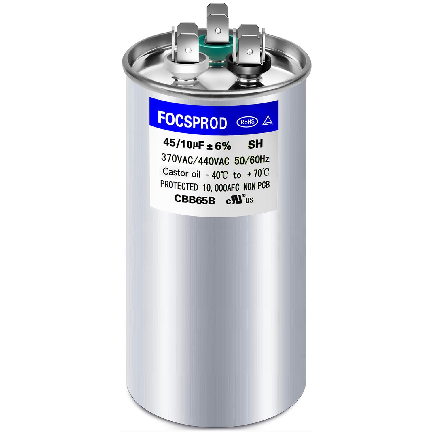 Photo 1 of [UL Recognized] FOCSPROD 45+10 uF 45/10 MFD ±6% 370V/440V CBB65B AC Capacitor, Dual Run Round Capacitor Replacement, 45 10 uF 440 Volt HVAC for AC Unit Fan Motor Start or Heat Pump or Condenser