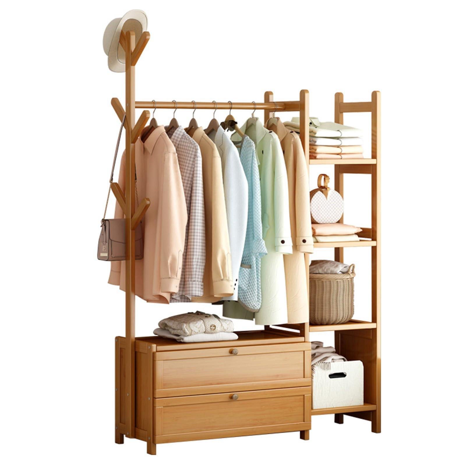 FGXHHS Bamboo Coat Rack - Freestanding Garment with 4 Shelves & Double Drawer Storage, Multi-functional Clothing Rail for Bedroom nization, Shoe Box Storage (Wood Color)