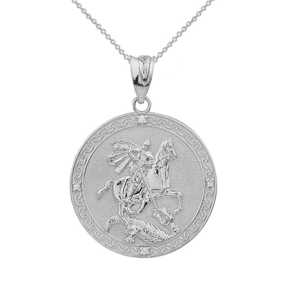 Saint CollectionSterling Silver Saint George Medal Protection CZ Charm Pendant Necklace (Small)
