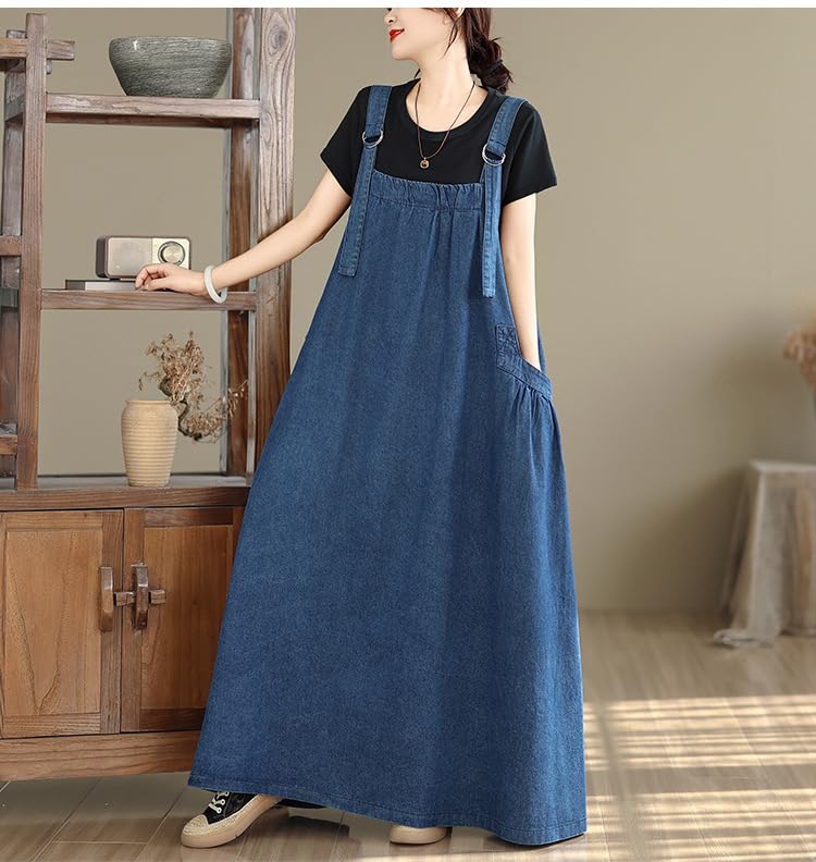 Image of Boho Jumper Dress for Women Loose Overall Pinafore Dresses Adjustable Straps Wide Hemline with Pockets Baggy Style