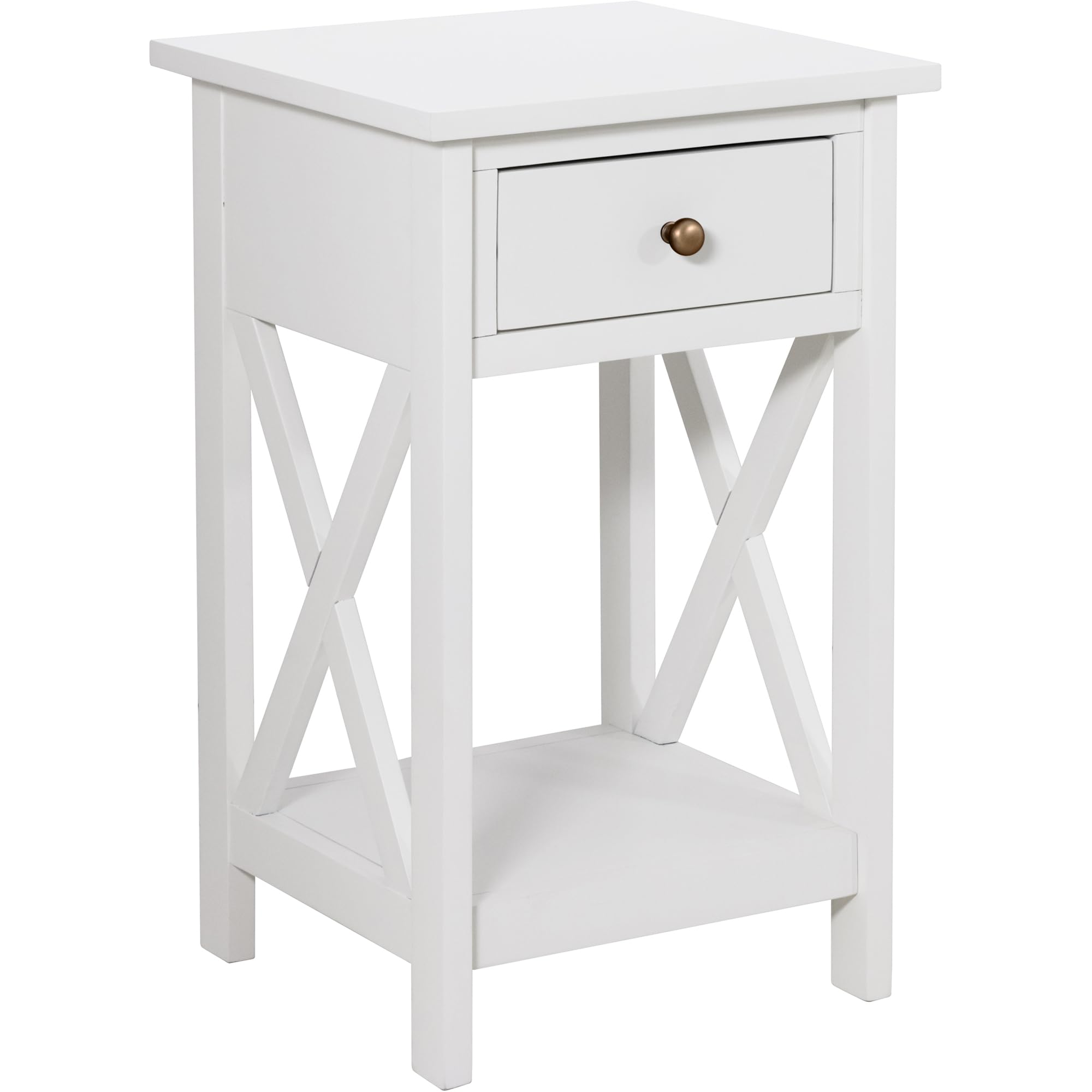 eHemco X-Side Rathe Nightstand End Table Side Table with Drawer and Storage Shelf, White