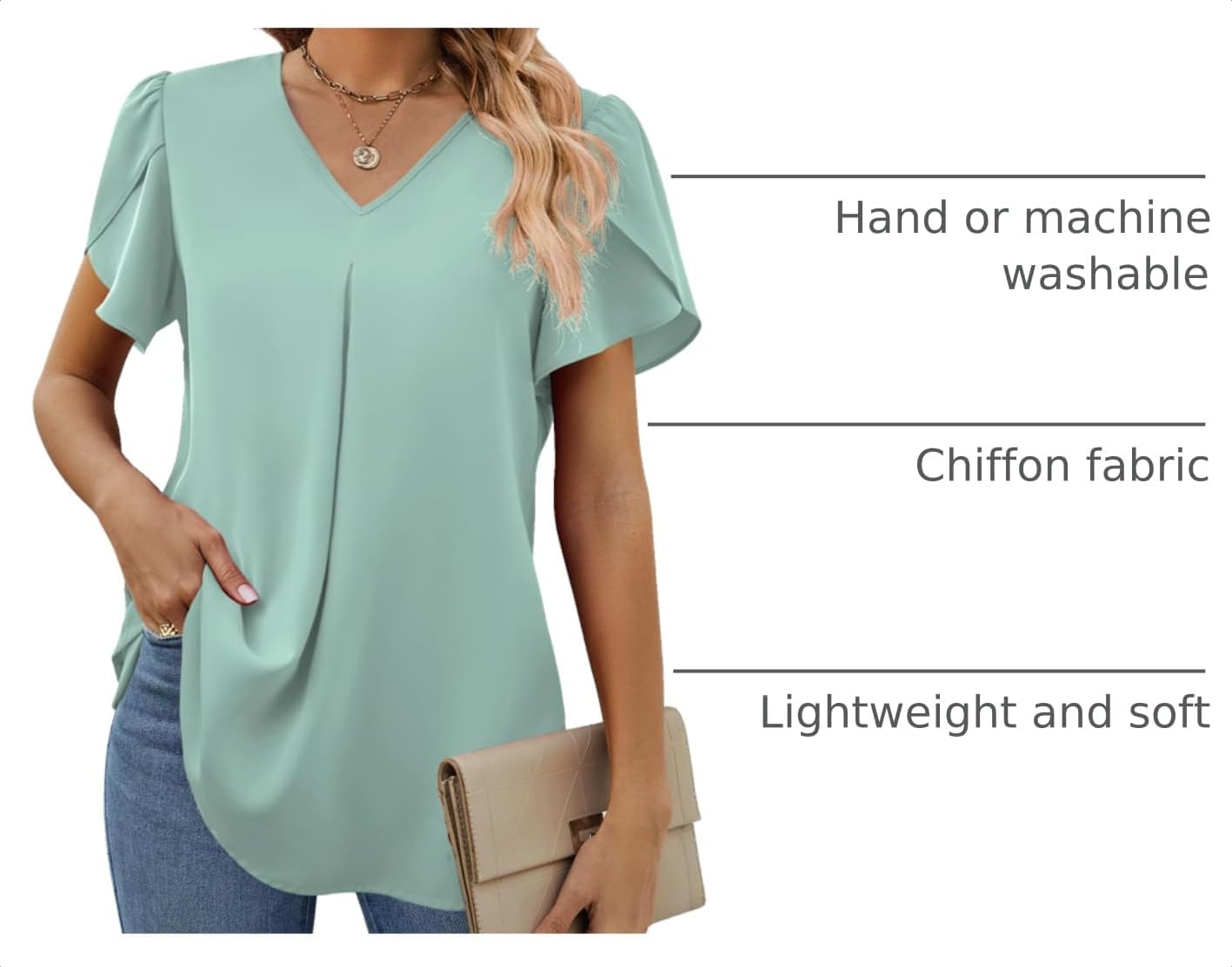Funlingo Women's Summer Tops Short Sleeve Dressy Chiffon Blouses V Neck Work Tunic Tops Casual Loose T-Shirts image 4