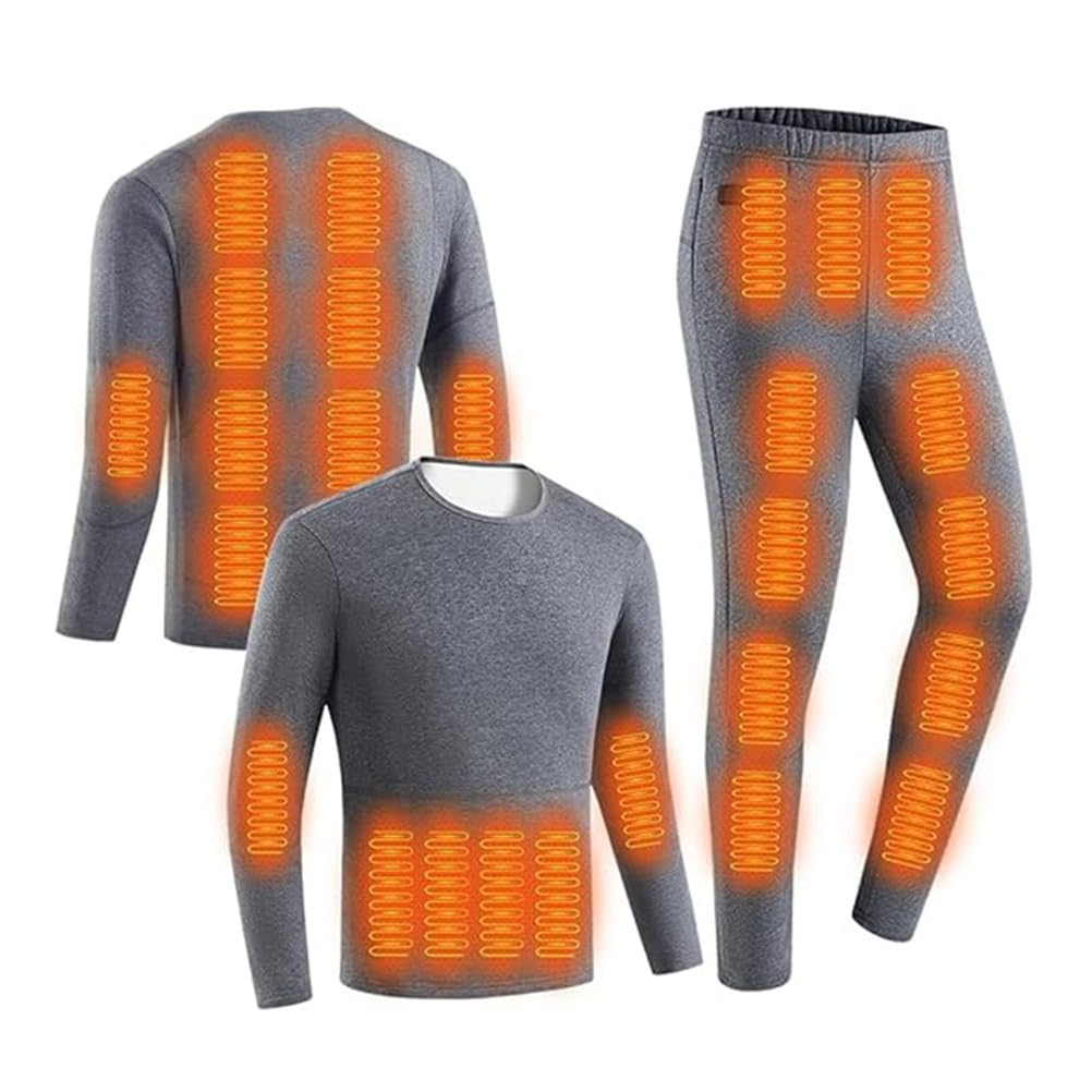 Conjunto de Ropa Interior térmica para Hombre Camisetas y Pantalones Largos Calefactables, Capa Base Lavable, Suave y Cálida con 30 Zonas Calefactables,Gris,XXL