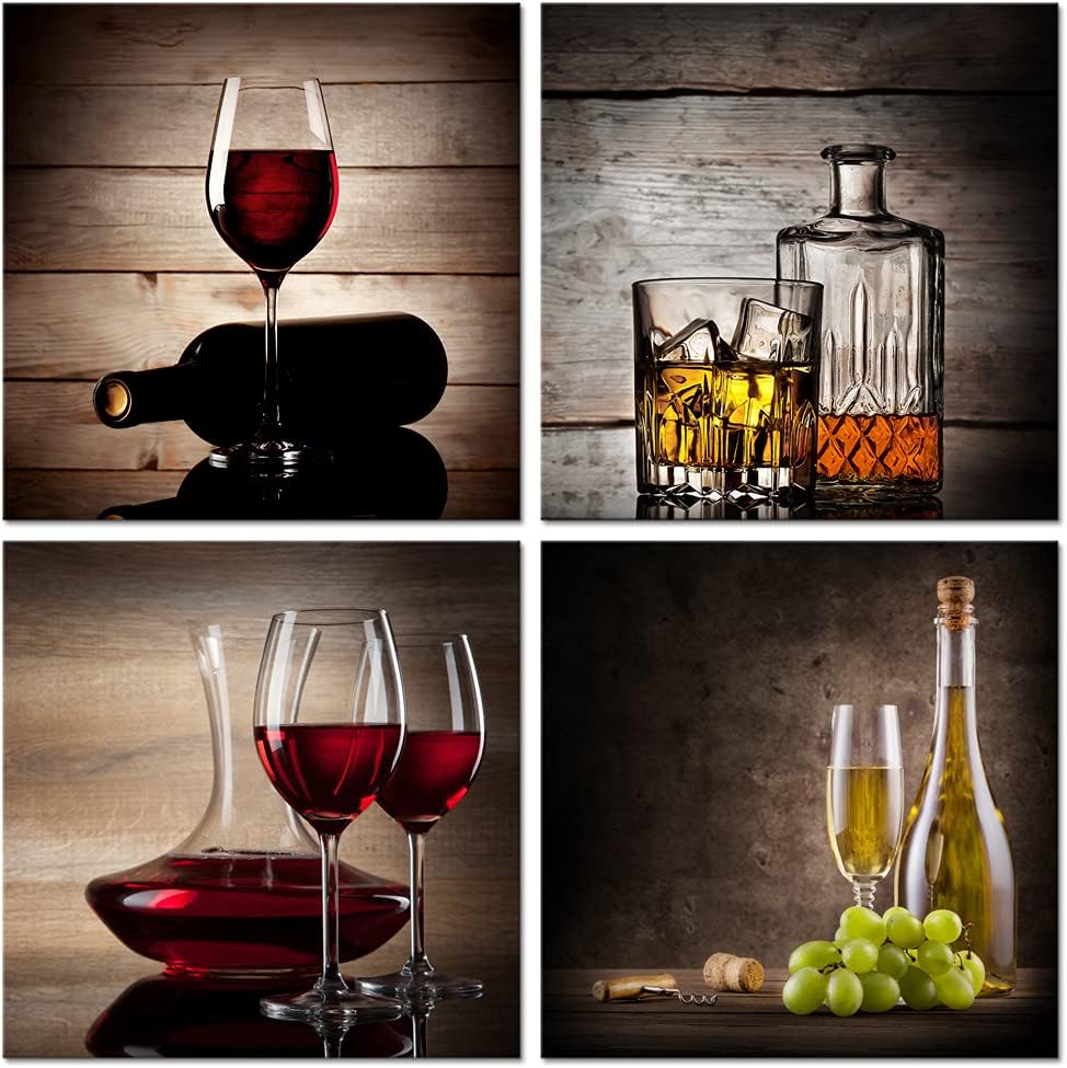 Wieco Art Red Wine Cups Large Modern 4 Panels Gallery Wrapped Abstract Giclee Canvas Prints Artwork Contemporary Vintage Pictures Paintings on Canvas Wall Art for Living Room Home Decor