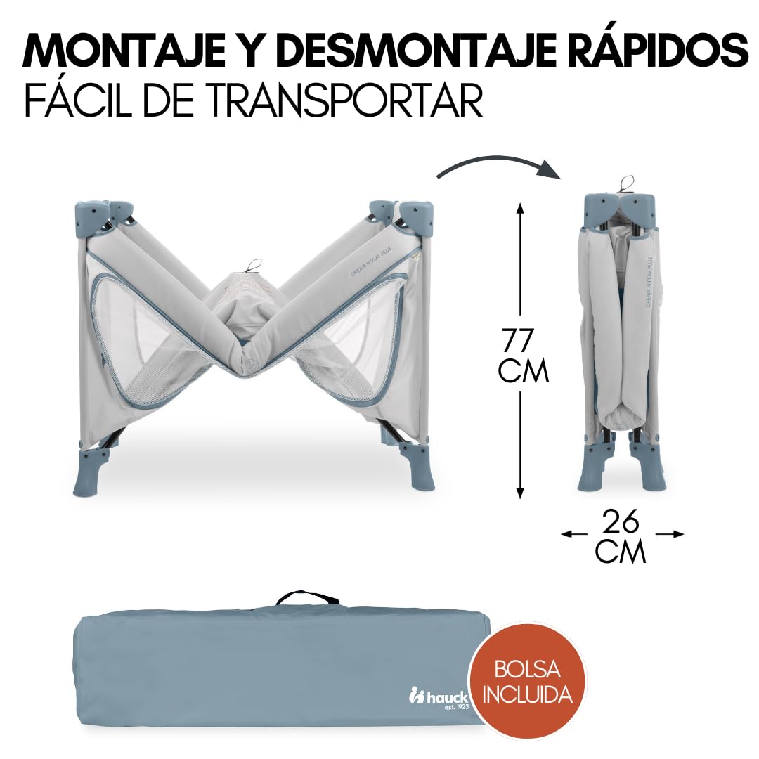 hauck Dream n Play Plus Set de Cuna de Viaje Bebe con Colchon y Mosquitera | Parque Infantil - Desde el Nacimiento con Bolsa - 120x60 cm - Dusty Blue