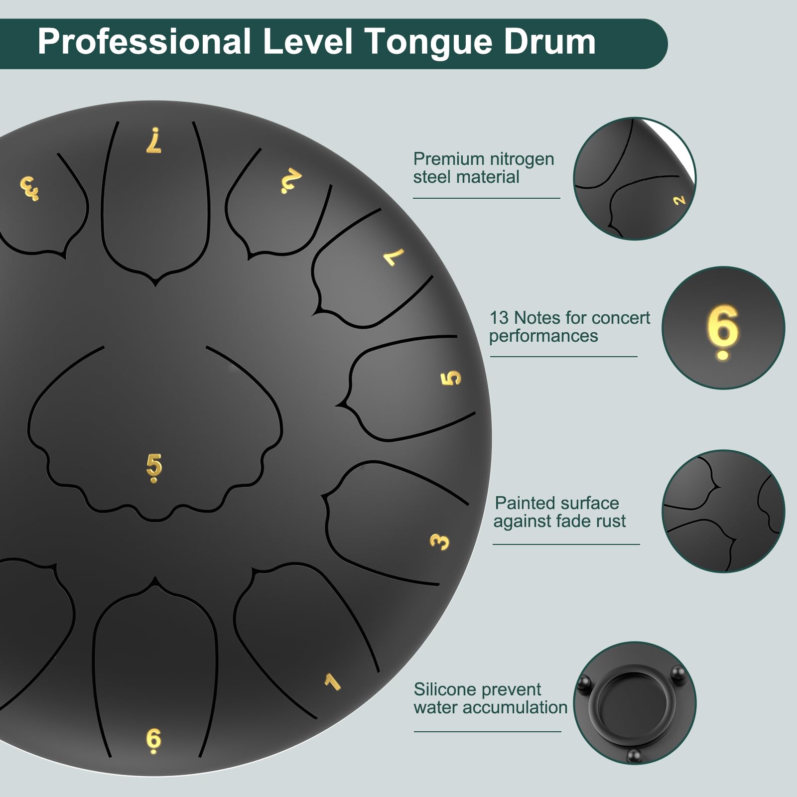 Large Steel Tongue Drum Handpan: 12 Inches 13 Notes Rain Drums for Outside Garden, Meditation Hand Pan with Music Book, Mallets and Carry Bag, Musical Instrument for Adult Kid Gift (Black) 2