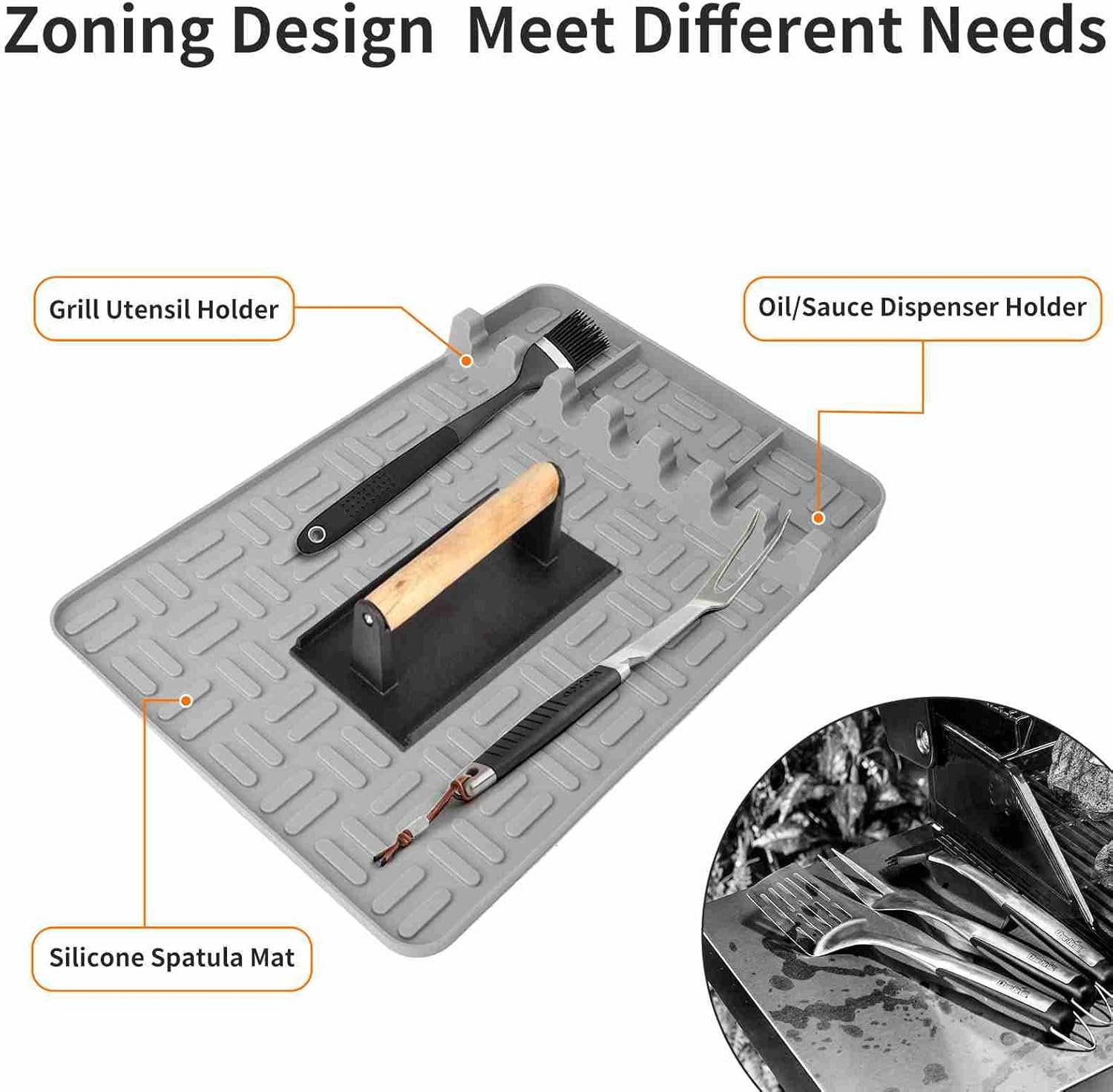 Alomejor Silicone Grill Mat, 2 Pack Silicone Spatula Holder with Drip Pad and 8 Slots for Outdoor BBQ Grill Kitchen Countertop Organization