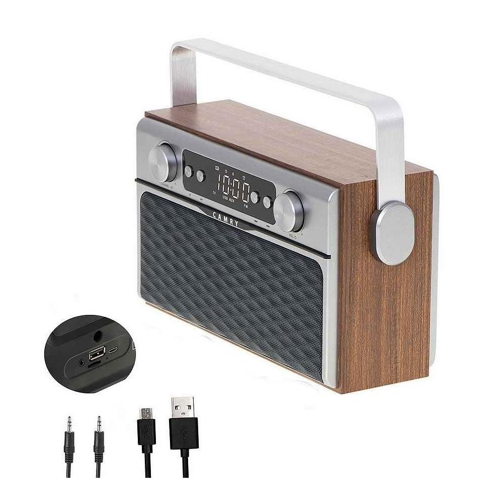 Camry CR1183 Radio Bluetooth, Diseño Retro, Sintonizador FM, 2 Altavoces 8 W, Memoria 50 Emisoras, Reproducción MP3, Puerto USB y Tarjeta SD, Inalámbrica, Portátil, Pantalla LCD, Madera/Acero