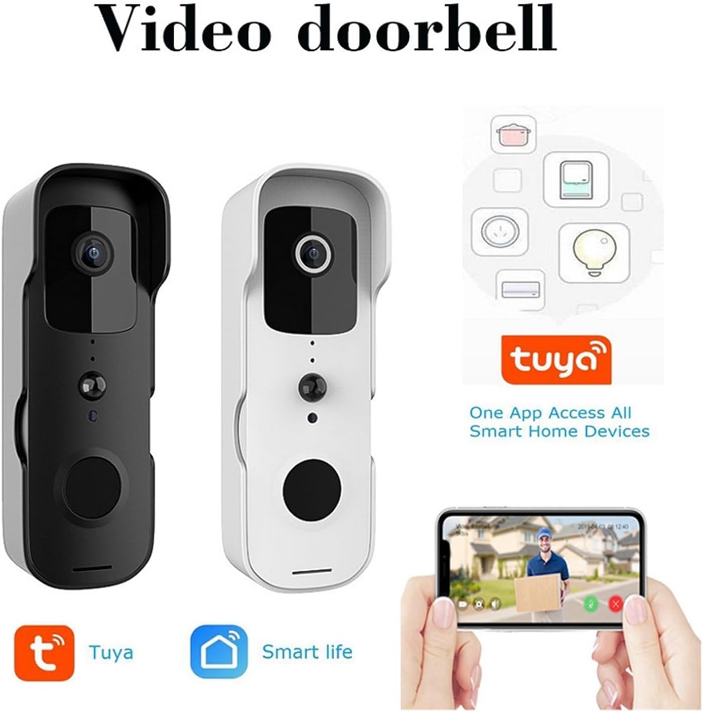 Black and white versions of the doorbell camera with Tuya Smartlife app integration