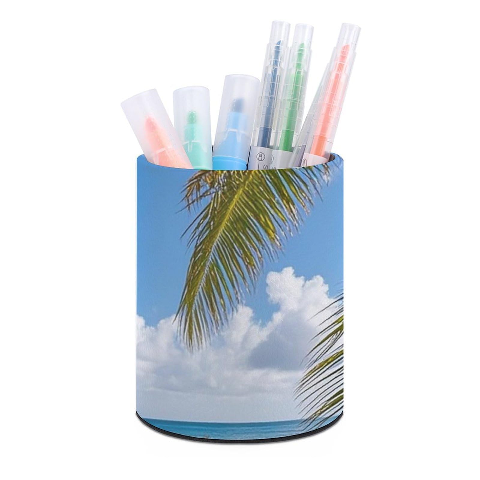 FekiLoot PU Leather Round Pen Holder Tropical Palm Tree Hawaii Beach Pencil Holder Desk Organizer Pen Organizer Pen Cup Pencil Cup Caddy Desktop Stationery Organizers for Office Home Supplies