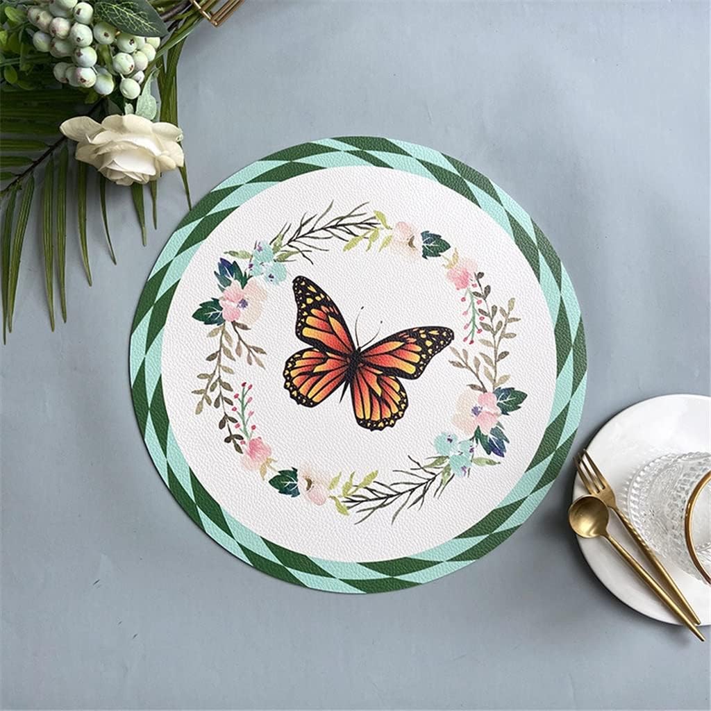 Printed Placemat Leather Round Retro Table Mat Hotel Home Decoration Heat Insulation Pad Coaster 10 Pcs Place Mats(Black)