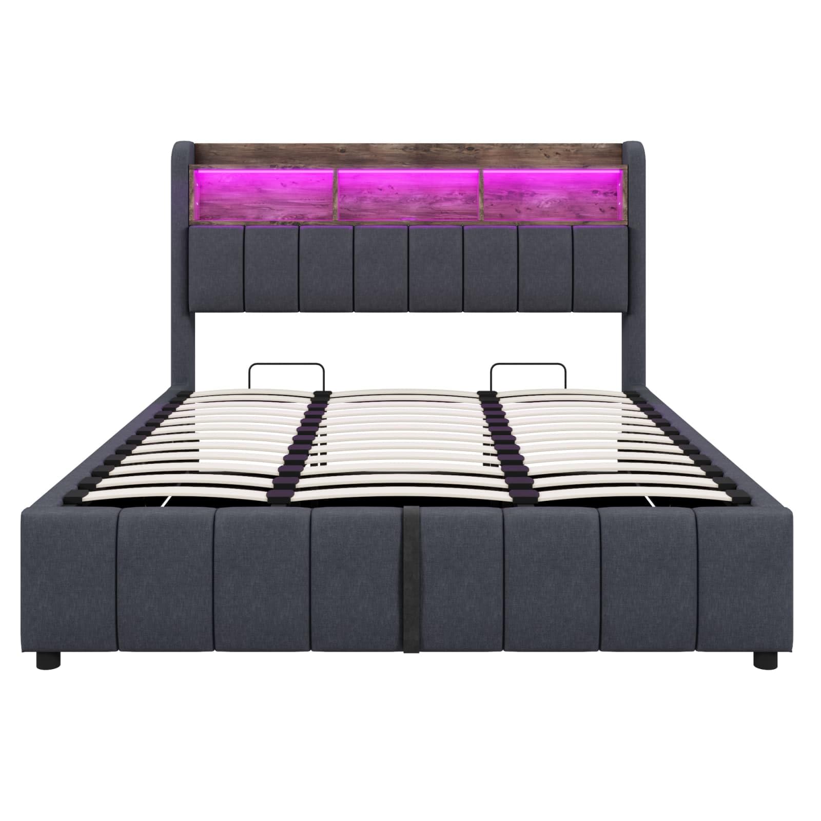 KOMHTOM Lit Rembourré avec éclairage LED et Port de Charge, Lit Hydraulique avec Espace de Rangement sous Le lit et Sommier à Lattes, Lin(sans Matelas) (Gris, 180x200 cm)