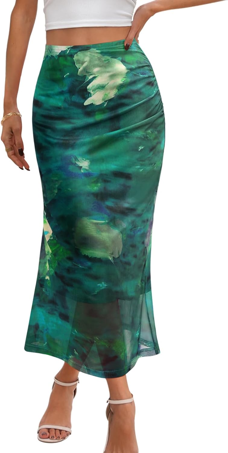 MEROKEETY Women's Summer Floral Mesh Midi Skirt 2026 Casual Trendy High Waist Ruched Boho Skirts