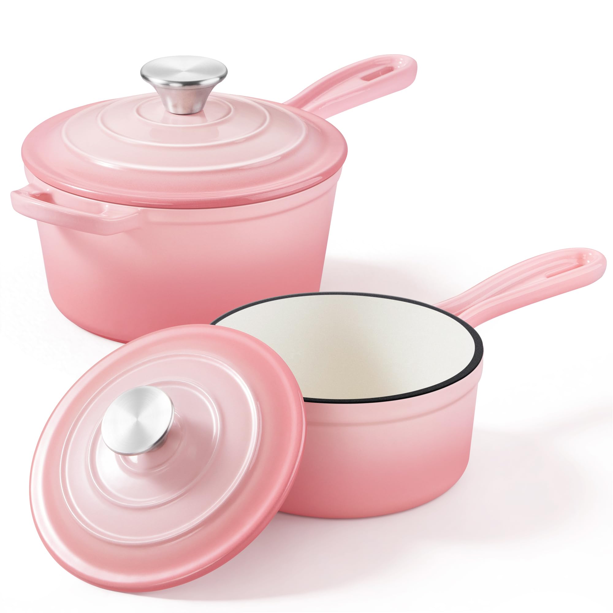 Leonyo 1Qt & 2Qt Saucepan Set, Small Cast Iron Dutch Oven Kitchen Pot, Pink