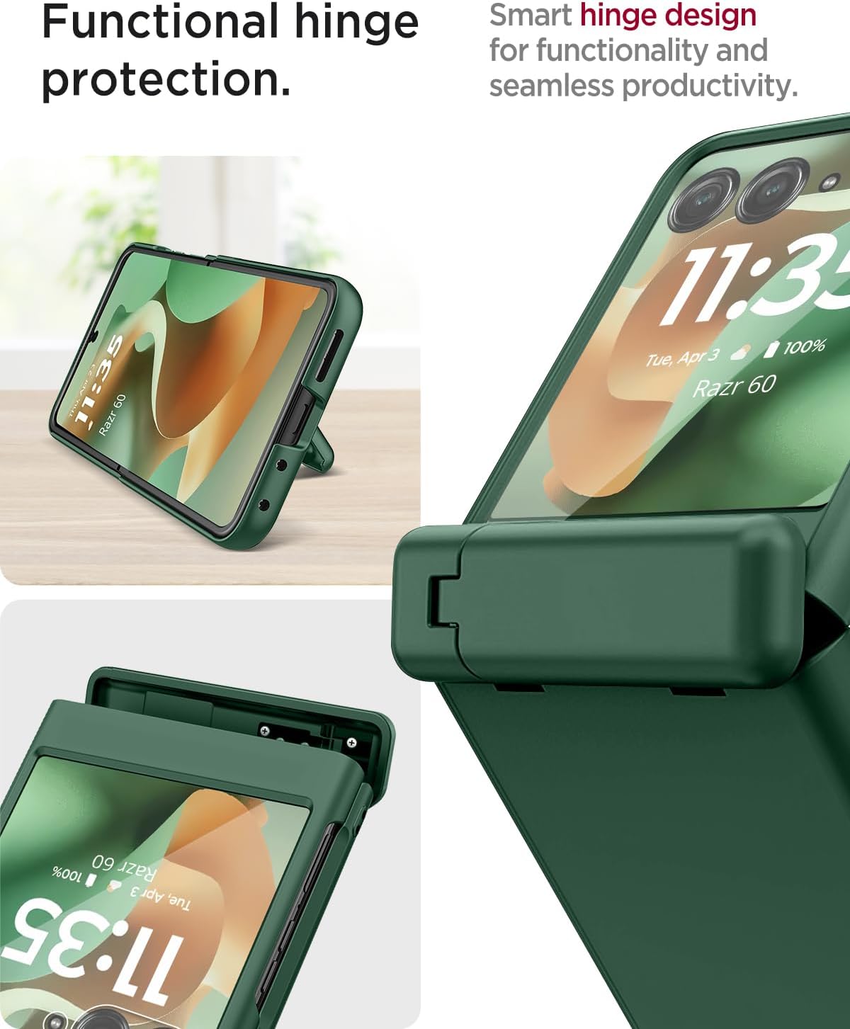 Miimall Slim fit for Moto Razr Case 2025 with Kickstand,[Hinge Protection][Screen and Camera Protector][Military Grade Shockproof] Hard Heavy Duty Grip Phone Cover,Rugged Moto Razr 60 Case Stand,Green