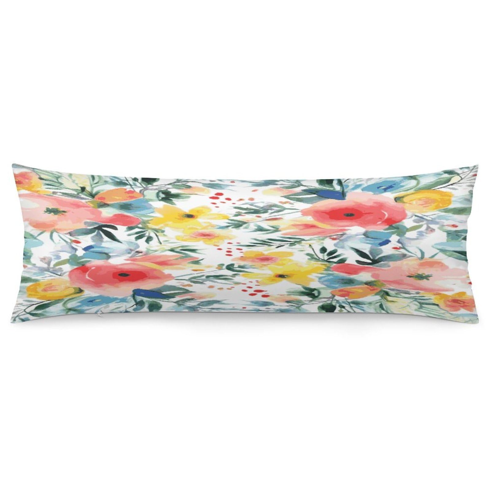 Bright Floral Watercolor Body Pillow Cover Luxury Long Body Pillow Pillowcase with Hidden Zipper Breathable Soft Cozy Pillow Case Wrinkle Fade Resistant Pillowcase 20''×54''