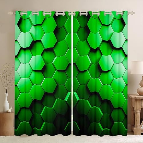 Loussiesd Green Geometric Honeycomb Curtains for Bedroom Living Room for Girls Boys Geometry Hexagon Blackout Curtains (30%-50%) Beehive Hexagon Window Curtains Geometrical Window Treatments W46*L72