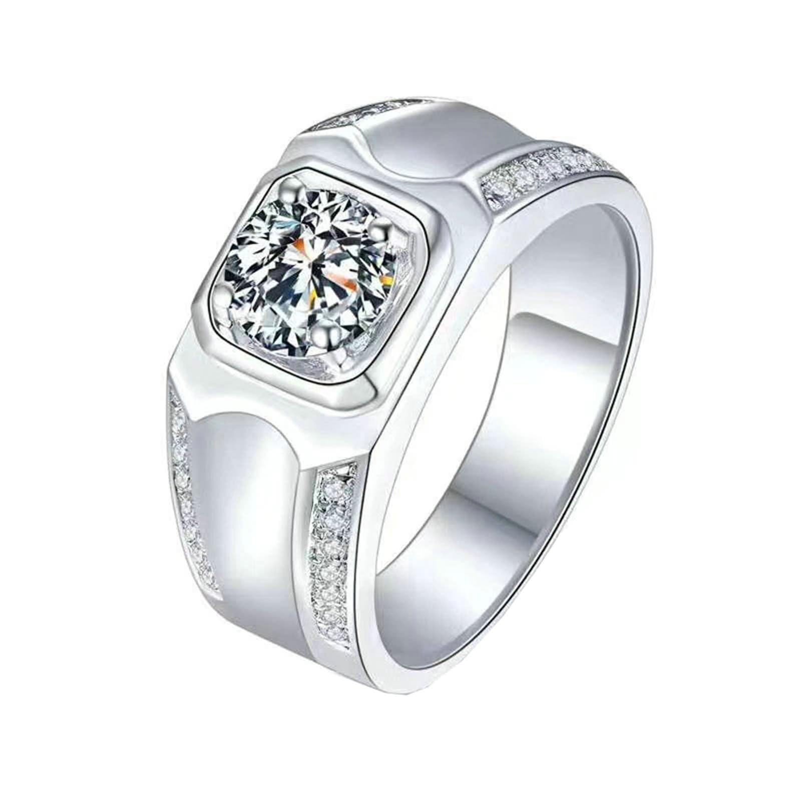 Anillo de compromiso para hombre de plata y oro blanco de 18 quilates, 4 capas, 1 quilate, redondo, moissanita, plata, talla 63 (20,1)