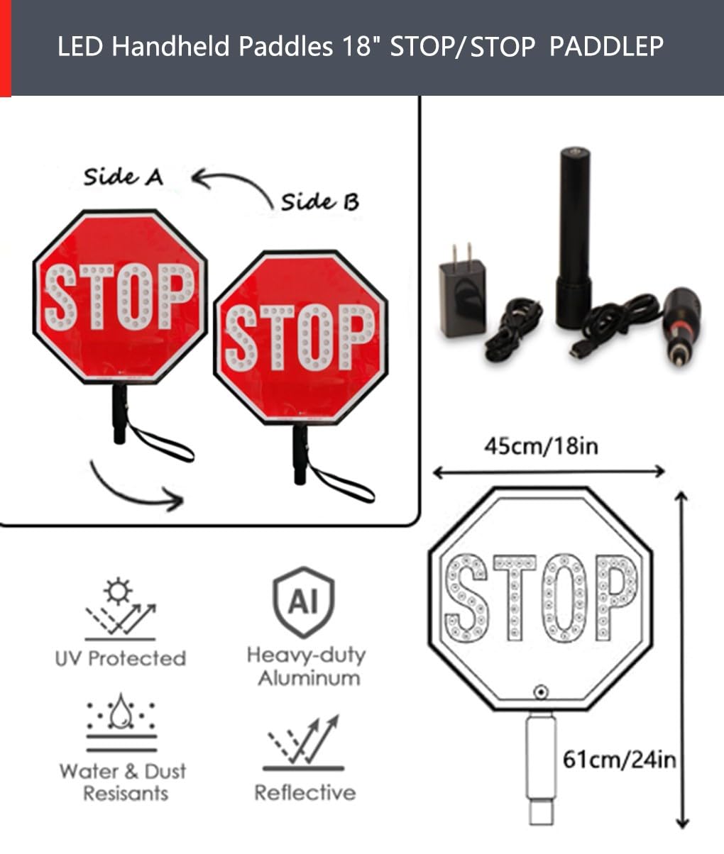 JDKMNE Przenośna tabliczka wiosłowa "Stop – Stop" 18", migający znak drogowy LED, tryb światła ciągłego/migającego LED, możliwość ponownego ładowania