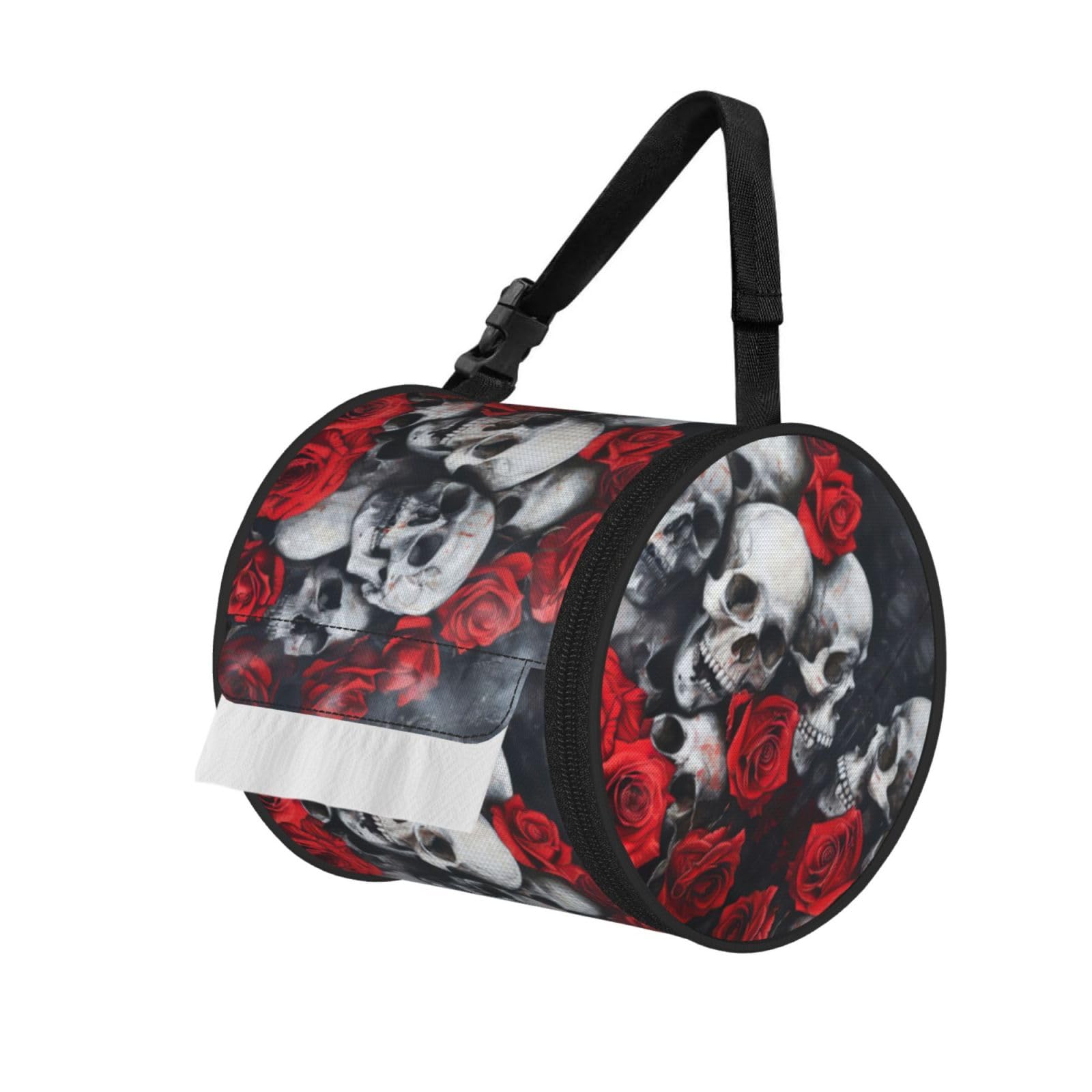 Skull And Red Rose Print Cylinder Bathroom Tissue Holder With Buckle Strap, Portable Paper Case For Road Trips