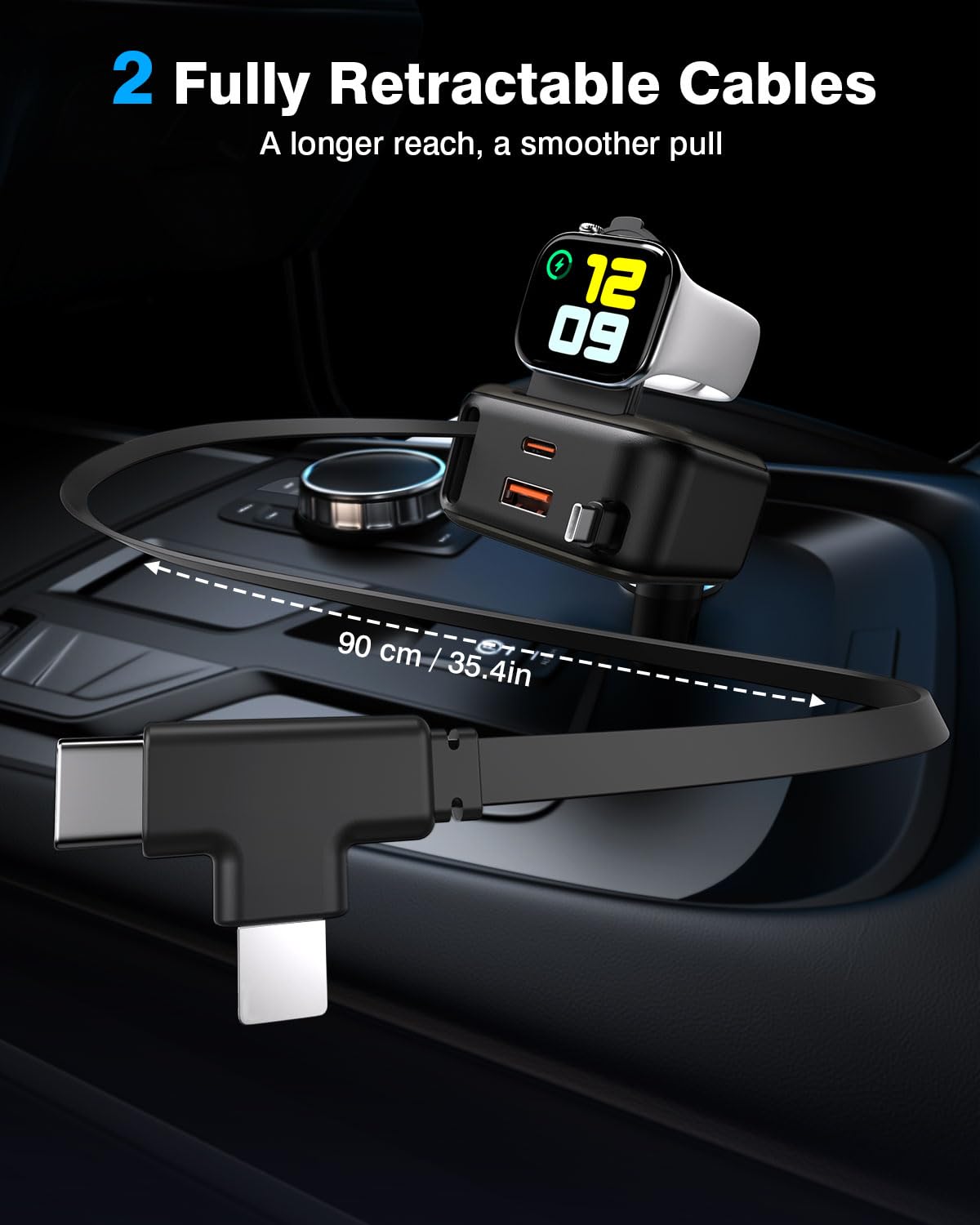 Cargador de coche retráctil 6 en 1, 100 W USB C + USB A de carga rápida para iPhone 17/16/15/14/13/12/11, iWatch, Android, accesorios esenciales de viaje, regalo para hombres y mujeres