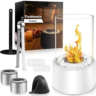 Table Fireplace - Table Fire for Outdoor and Indoor - Infinite Burning Time - Bio Ethanol Fireplace - Bioethanol Table Fireplace with 2 Combustion Chambers and Safety Glass - White