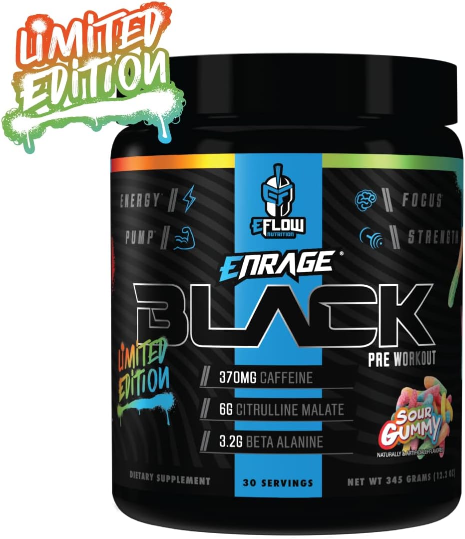 eFlow Nutrition Enrage Black High Stimulant Pre Workout Supplement - Preworkout Powder to Boost Energy, Pumps and Strength - 4 Flavors (30 Servings) (Sour Gummy)