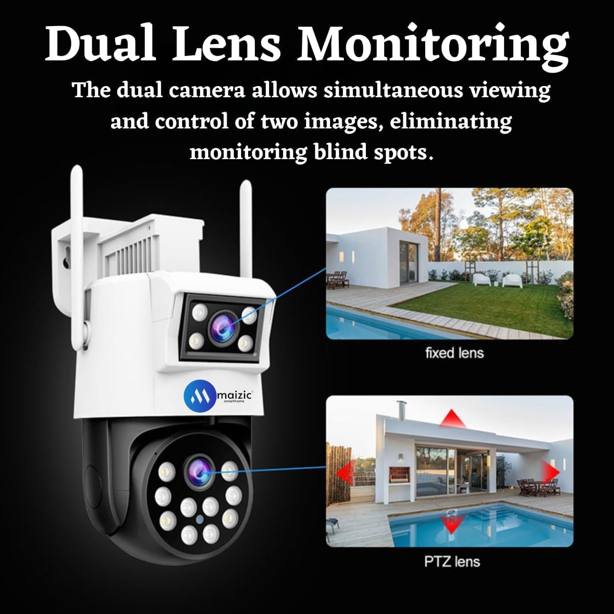 Diagram showing dual lens monitoring with fixed and PTZ lenses