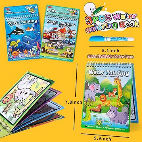 Tacobear 3 Pezzi Libri di Pittura Magica per Bambini Animali Auto Libro da Disegno ad Acqua con Penna Magico Riutilizzabile Libro da Colorare Educativo Doodle Pittura Giocattolo per Ragazzi Ragazze