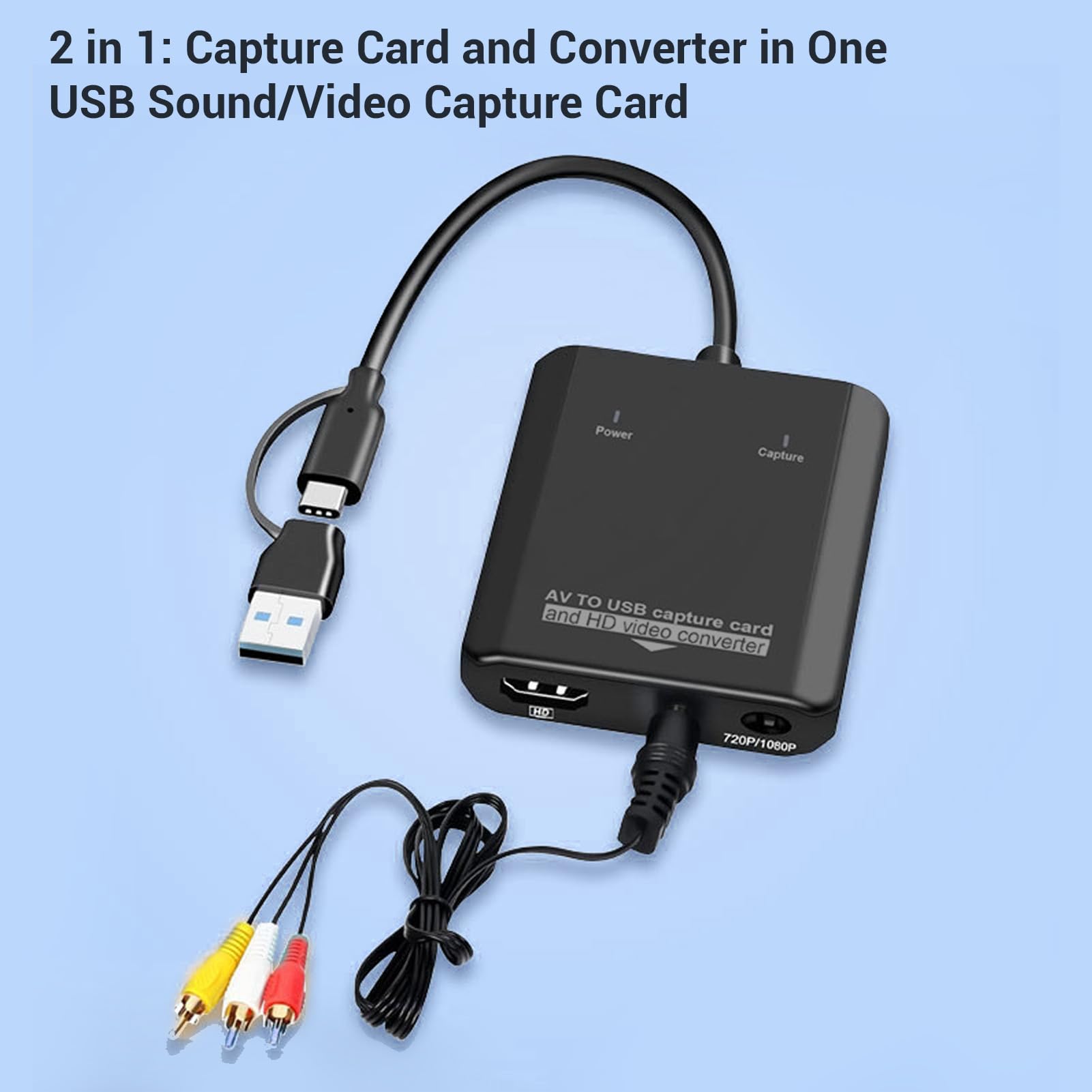 Convertidor VHS A Digital, Tarjeta de Captura de Vídeo USB con Interfaz Dual USB A y C, Convierte AV Analógico A 720P 1080P HD Multimedia para VCR DVD