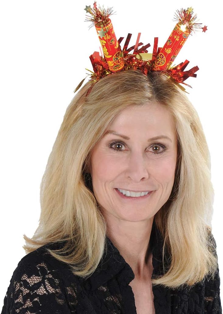 Beistle Lunar New Year Headbands – 2 Pack Red and Gold Firework Burst Headbands with Metallic Fringe Festive Celebration Headwear Cultural Holiday Party Accessories, Adult Size