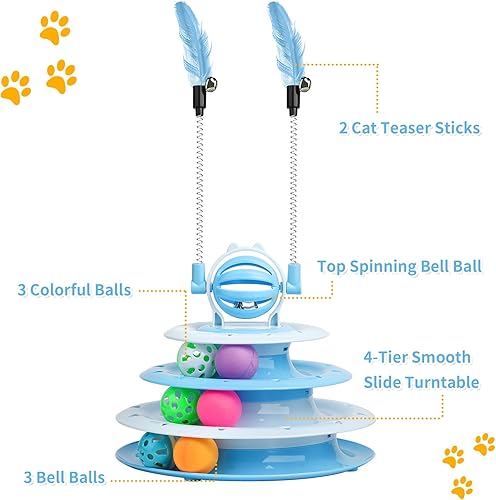 Miniatura 6 de Juguete interactivo para gatos, juguete para mascotas para gatitos de interior, bola de rompecabezas interactiva con 2 gatos (azul)