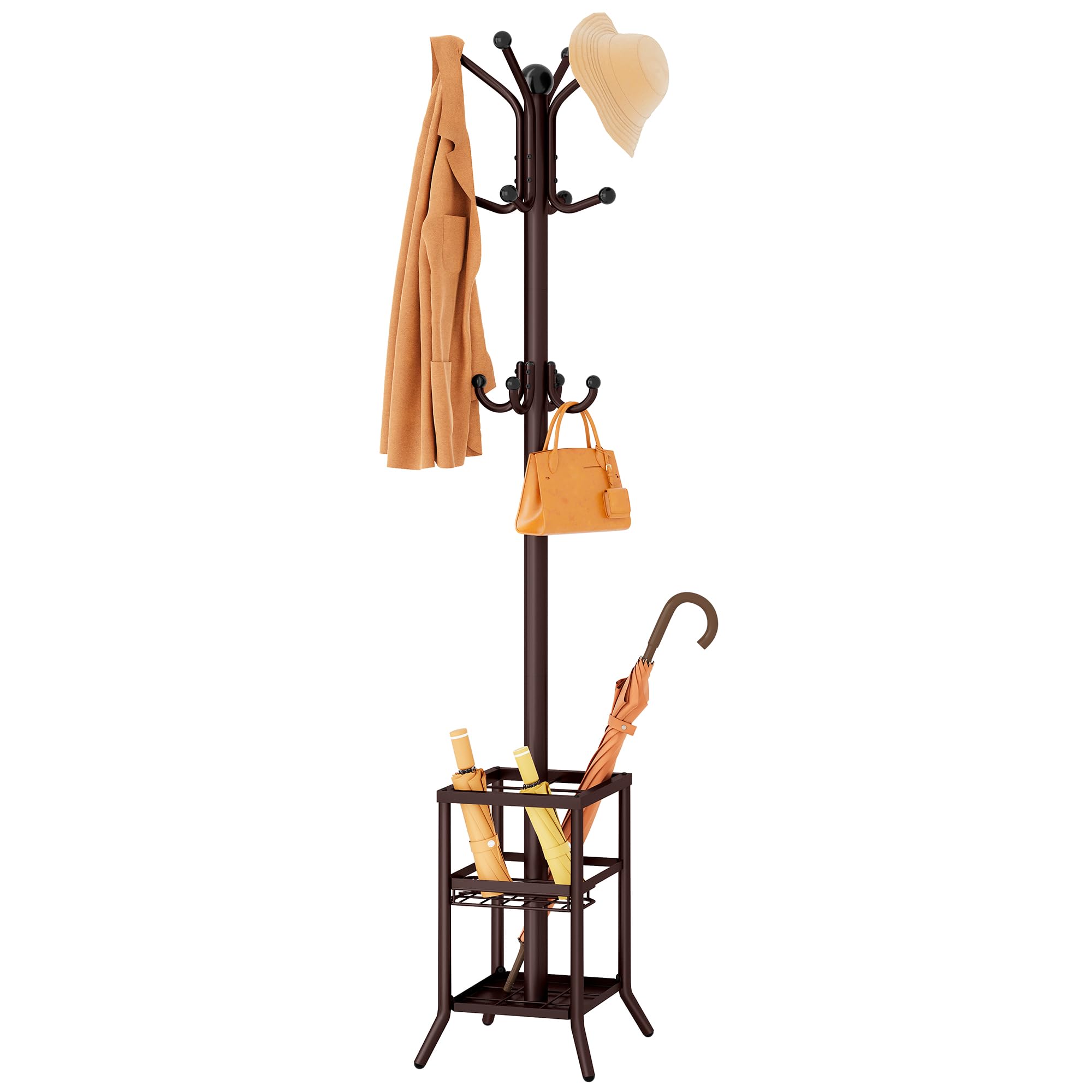 FAVOOSTY Coat Rack Freestanding Coat Rack Stand with Umbrella Holder Metal Coat Tree with 12 Hooks Tree Clothes