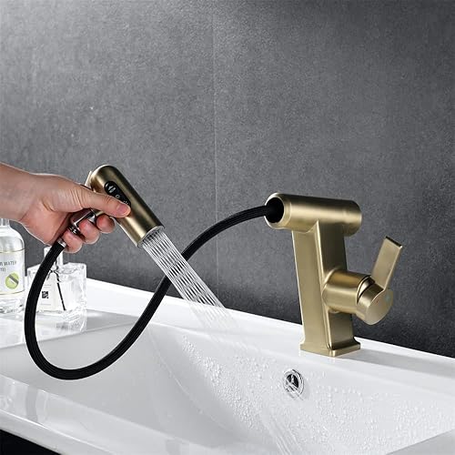 Miniatura 9 de Weirun Grifo de lavabo de latón para baño con rociador extraíble, grifo mezclador de tocador de baño de una sola manija con cabezal rociador de 3