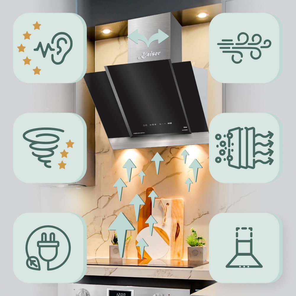 Kaiser AT 6438 ECO kopffrei Dunstabzugshaube 60 cm Exklusive Schwarz Glas Edelstahl Wandhaube 910m³/h | TouchControl Steuerung mit LED Display | Randabsaugung | Timer | Abzugshaube Abluft/Umluft