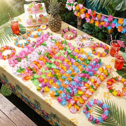 Miniatura 5 de 64 Piezas Collares Hawaianos Flores, 32 Pulseras 16 Cadenas De Flores Hawaianas Tropical Luau Y 16 Diademas, Decoraciones De Fiesta Hawaianas Leis Luau Para Playa Boda Picnic Fiesta Fiesta