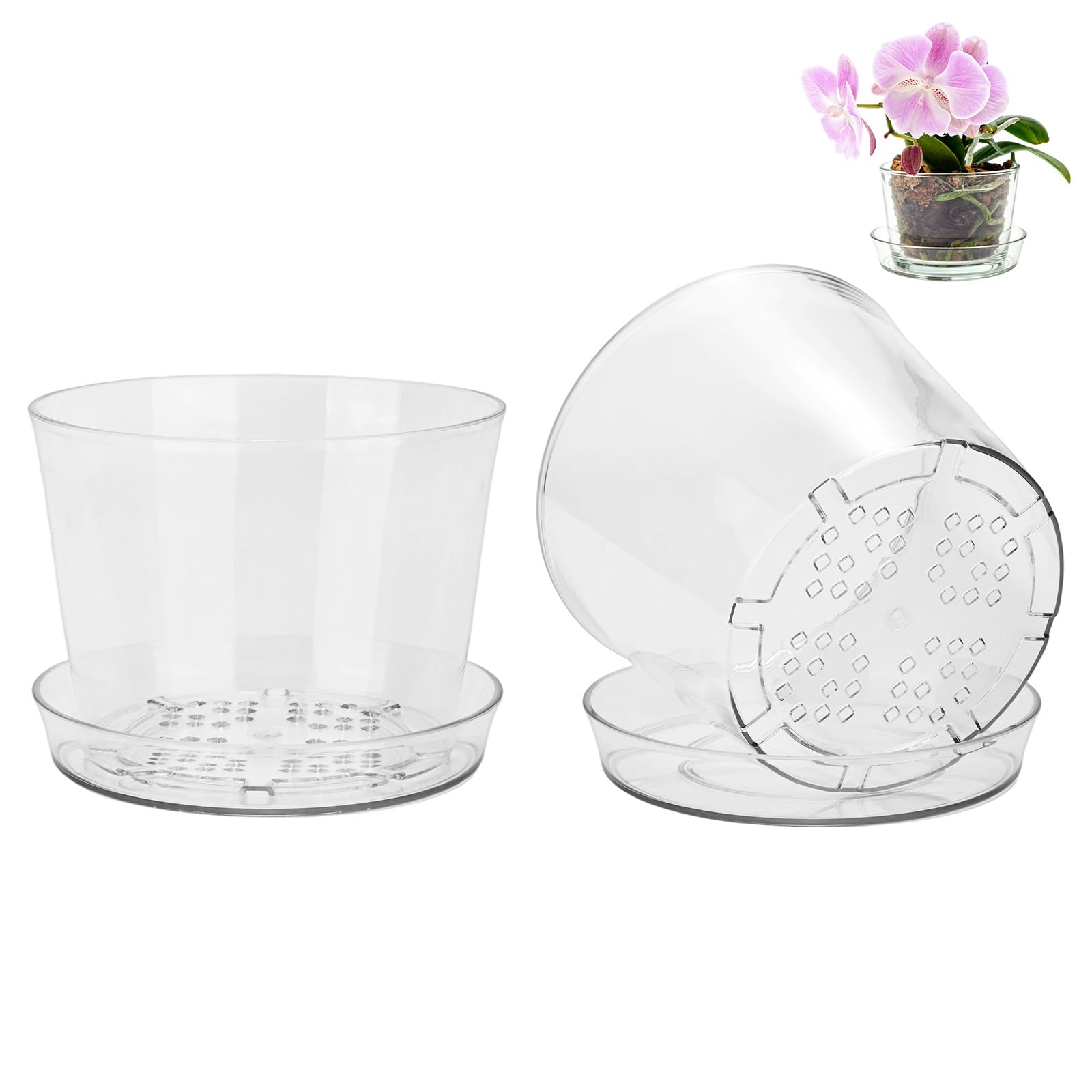 M METERXITY 2-Set Clear Plant Nursery Pots, 6 Inch Plastic Transparent Planter Orchid Pots with Drainage Holes and Trays for Indoor/Home/Office/Succulents/Herbs/Flowers [Clear]