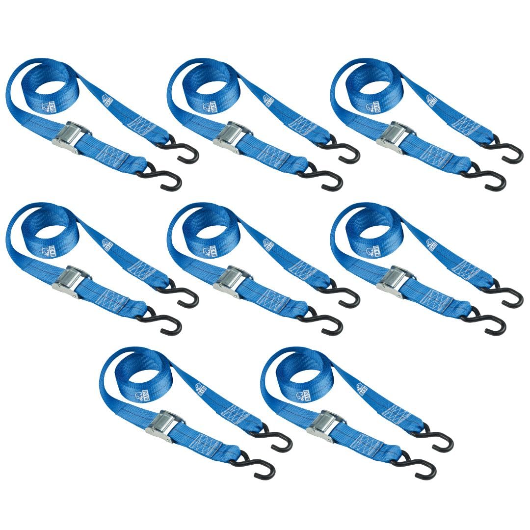 BASI | 8er Set Spanngurte mit Klemmschloss und S-Haken | bis 125 KG | Zurrgurte in blau | Länge 200 cm x Breite 2,5 cm | Befestigungsriemen | TÜV geprüft | Expander mit Schnappverschluss | 8 Stück