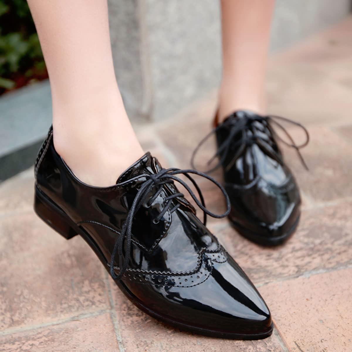 SHEMEE Women's Patent Leather Low Heels Vintage Wingtip Oxfords Pumps Lace Up Pointed Toe Flat Retro Brogues Dress Shoes - Image 4