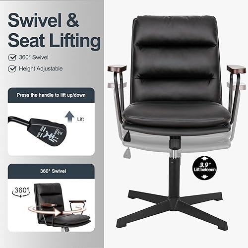 Miniatura 4 de Okeysen Silla de escritorio de oficina sin ruedas, silla cruzada acolchada de poliuretano con reposabrazos de madera, silla ergonómica de respaldo