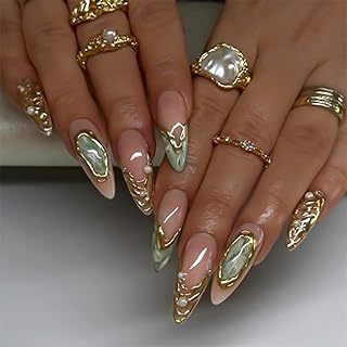 Medium Length Press on Nails Almond Fake Nails Gold Glitter False Nails with Designs Full Cover Glue on Nails Press ons Sparkly Artificial Nails Cute Stick on Nails for Women 24Pcs