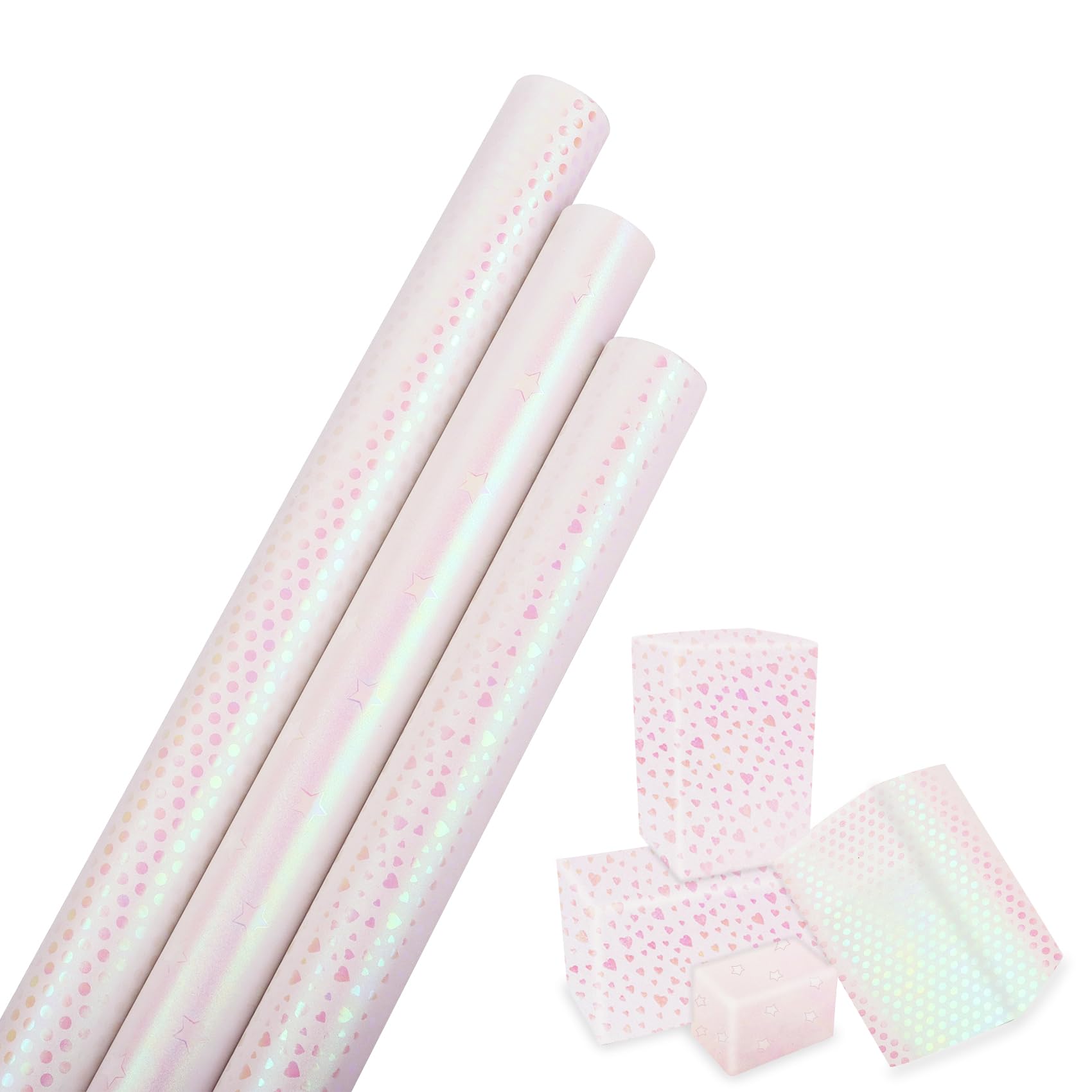3 Rolls Pink Wrapping Paper for Girls Women, 43cmร 3m Pearlescent Birthday Wrapping Paper Roll