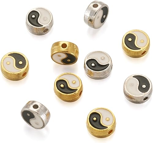 Miniatura 2 de Craftdady 60 cuentas esmaltadas de aleación de zinc Yin Yang de disco redondo plano Tai Chi Taoísmo cuentas espaciadoras sueltas 0.335x0.138 in para