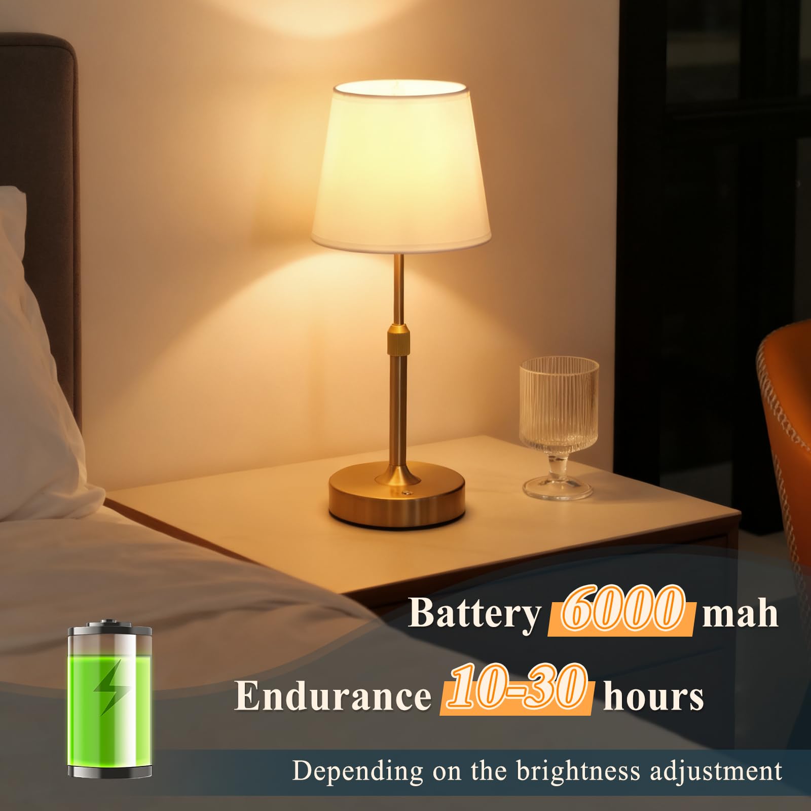 Lampada da comodino ricaricabile, lampada da tavolo dimmerabile a batteria, 6000 mAh, lampade da comodino wireless con paralume in tessuto, luci dorate portatili con controllo touch per camera