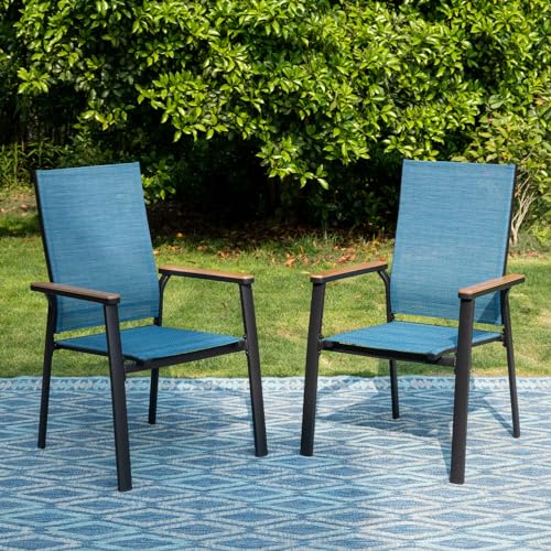 Image of PHI VILLA Outdoor Stackable Dining Chairs Set of 2 w /Aluminum Frame, Blue | Breathable & quick-drying Textilene, Space-saving, Light-weight, Weather-resistant, Patio lawn deck