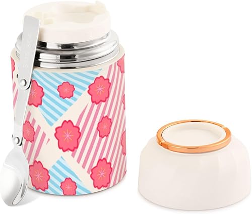 Miniatura 2 de Pink Flowers Strip Boho Kids Womens Insulated Food Jar Container with Spoon 17oz500ml Soup Containers With Lids Stainless Steel Vacuum Keep Warm