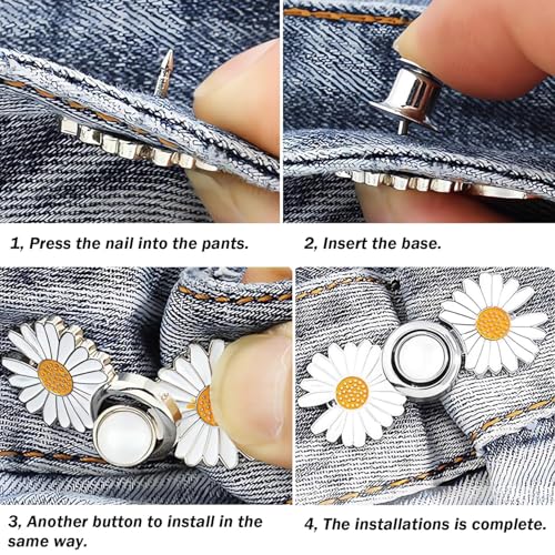 Image of || Set of 2 || Flower Instant Jean Button Pins, Removable Adjustable Pant Waistband Tightener, No-Sew Metal Buttons for Loose Jeans, Easy Clip-On Denim, Skirts &Trousers,Fashion Accessory for Women.